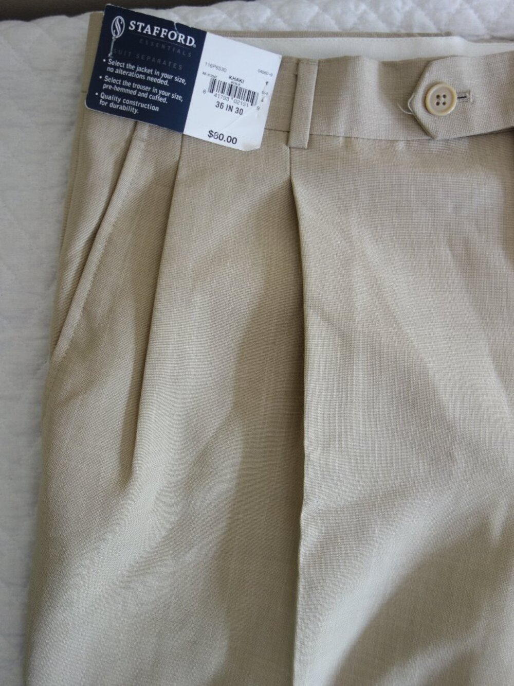 NWT STAFFORD Essentials Suit Separates Khaki Pleated Front Slacks Pants 36 x 30